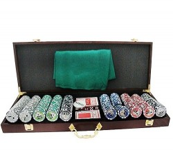 Покерный набор на 500 фишек с номиналом в деревянном кейсе